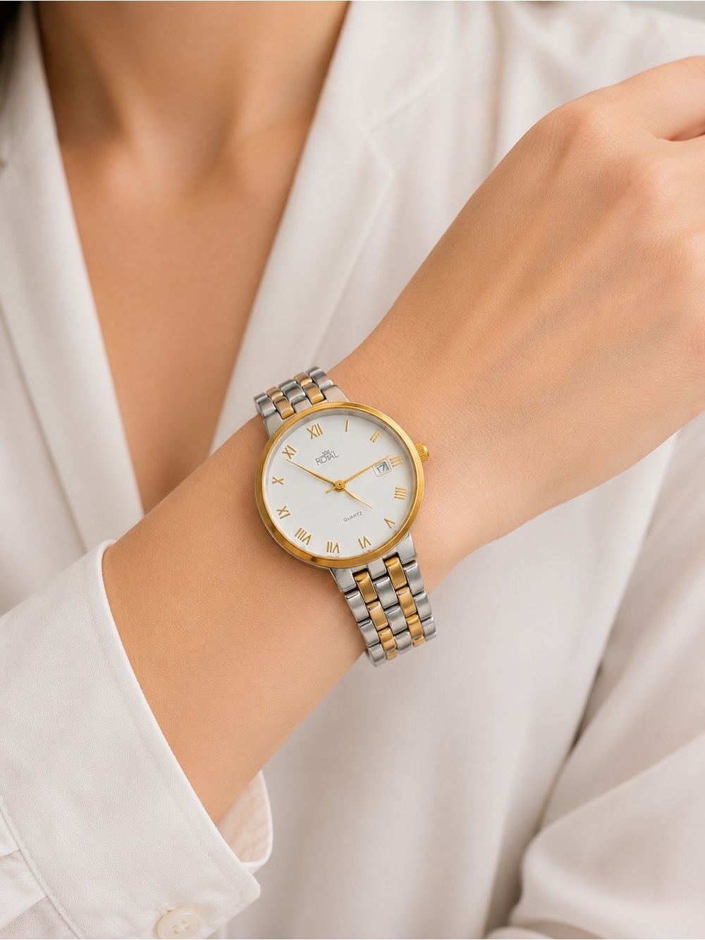 ROYAL Two-Tone Quartz Watch with Date Window & Roman Numerals